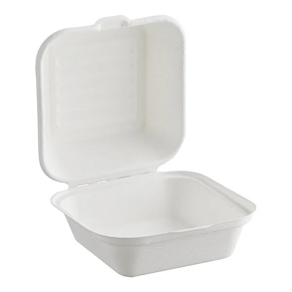 Bagasse Takeout Hinged Lid Containers - 6" x 6"
