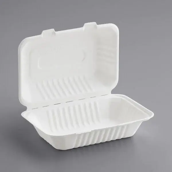 Bagasse Takeout Hinged Lid Containers - 9" x 6"