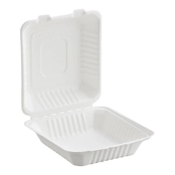 Bagasse Takeout Hinged Lid Containers - 8" x 8"