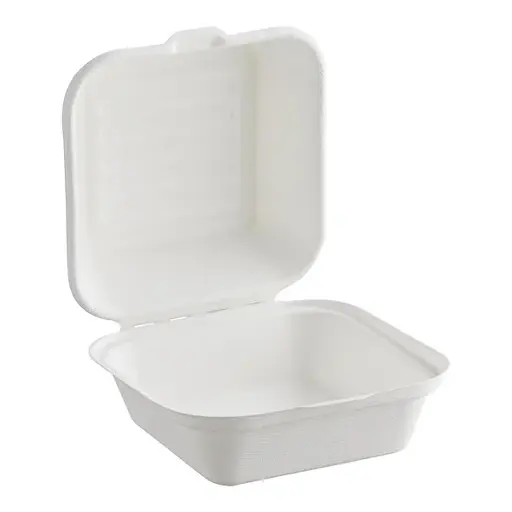 [P200082] Bagasse Takeout Hinged Lid Containers - 6" x 6"